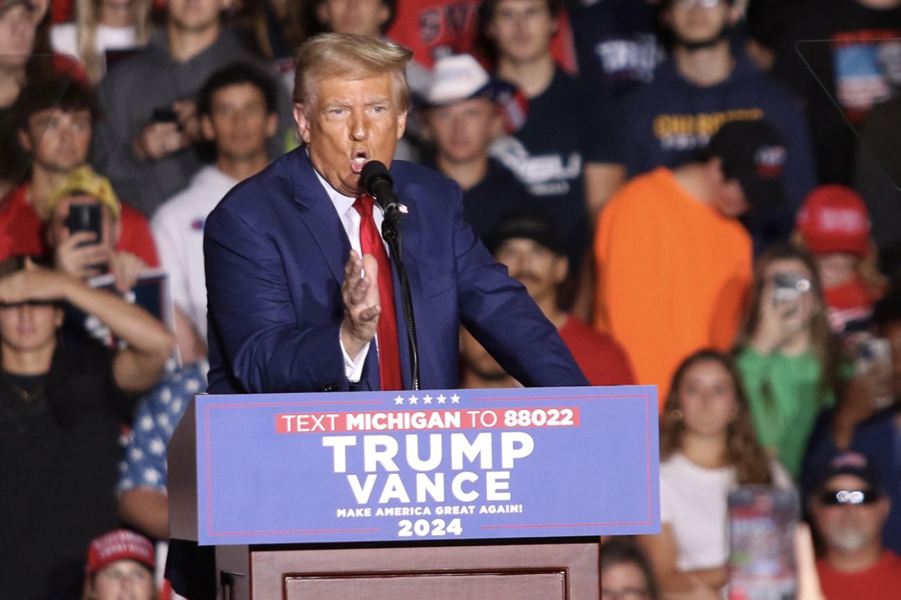 Donald Trump speaks during a Michigan campaign rally at Saginaw Valley State University.