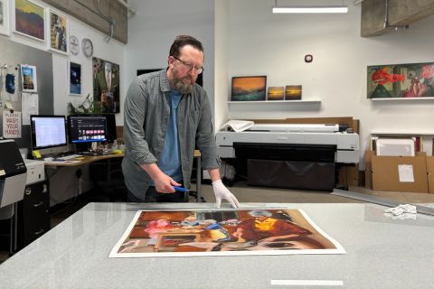Man works at table