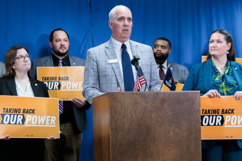 State Rep. Jim DeSana speaking at a press conference. 