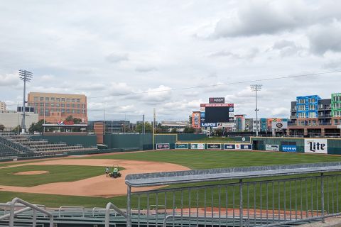 A mostly empty Jackson Field in Lansing, Michigan.
