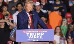 Donald Trump speaks during a Michigan campaign rally at Saginaw Valley State University. 